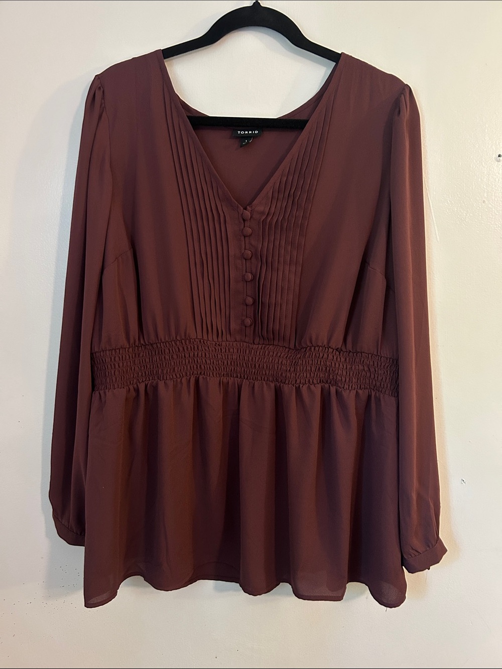 torrid Wine Pintuck Smocked-Waist Peplum Blouse
